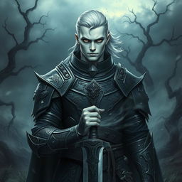 A fallen Aasimar male paladin with striking pale skin, showcasing his celestial descent, stands defiantly in a hauntingly beautiful landscape