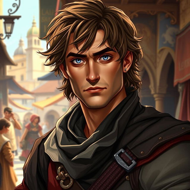 A fantasy character illustration of a man who is a 29-year-old Italian rogue-mercenary from the 17th century