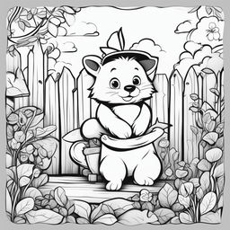 This is a series of black and white line art illustrations of whimsical Pixar-style garden animals, designed for children's coloring pages