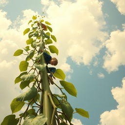 A whimsically tall bean plant reaches dramatically into a bright sky, inspired by the style of Leonardo da Vinci