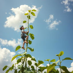 A whimsically tall bean plant reaches dramatically into a bright sky, inspired by the style of Leonardo da Vinci