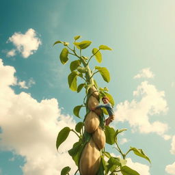 A whimsically tall bean plant reaches dramatically into a bright sky, inspired by the style of Leonardo da Vinci