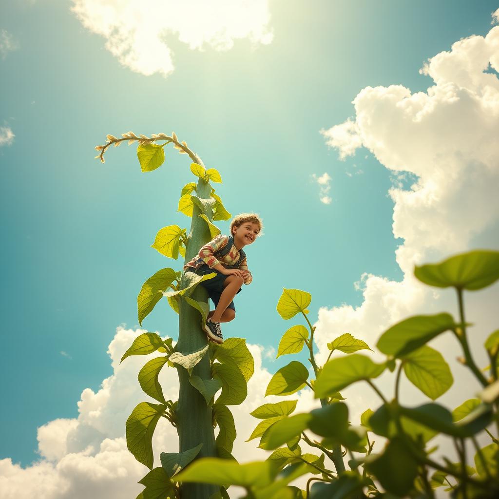 A whimsically tall bean plant reaches dramatically into a bright sky, inspired by the style of Leonardo da Vinci