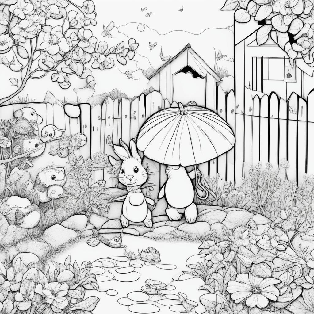 This is a series of black and white line art illustrations of whimsical Pixar-style garden animals, designed for children's coloring pages