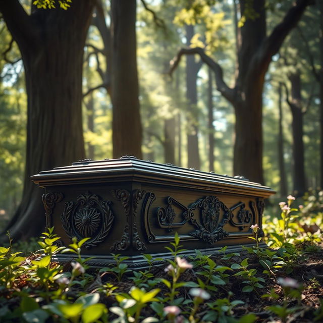 A beautifully designed, ornate coffin made of rich dark wood with intricate carvings and detailed metal accents