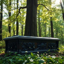 A beautifully designed, ornate coffin made of rich dark wood with intricate carvings and detailed metal accents