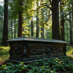 A beautifully designed, ornate coffin made of rich dark wood with intricate carvings and detailed metal accents