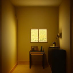 A cozy, simple and modern 3x4 room, beautifully comforting with dim yellow lighting. Features include a yellow wooden desk, a black drawer, a single bed, and a window on the right side.