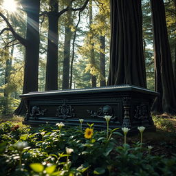 A beautifully designed, ornate coffin made of rich dark wood with intricate carvings and detailed metal accents