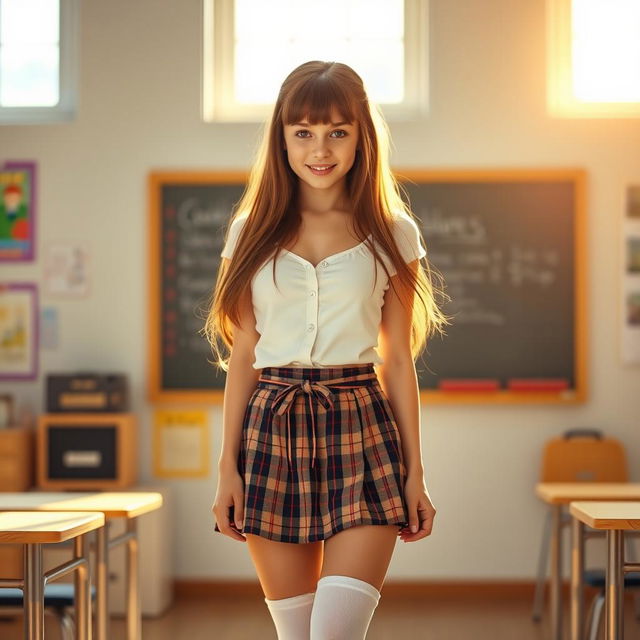 A seductive schoolgirl standing in a vibrant, sunlit classroom, wearing a classic plaid skirt and a fitted white blouse, tied off at the waist