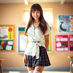 A seductive schoolgirl standing in a vibrant, sunlit classroom, wearing a classic plaid skirt and a fitted white blouse, tied off at the waist