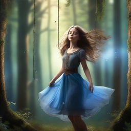 A high-definition 4K image capturing a richly detailed forest scene, with a girl suspended in mid-air at the center