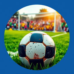 A vibrant and dynamic profile picture themed around football, featuring a close-up of a football surrounded by elements of the game like a green grassy field, a goalpost in the background, and a cheering crowd