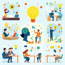 Ten vibrant and engaging illustrations depicting project neuro-management and the knowledge economy in business, showcasing various managerial perspectives