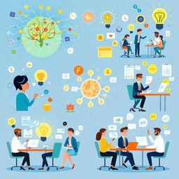 Ten vibrant and engaging illustrations depicting project neuro-management and the knowledge economy in business, showcasing various managerial perspectives