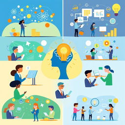 Ten vibrant and engaging illustrations depicting project neuro-management and the knowledge economy in business, showcasing various managerial perspectives
