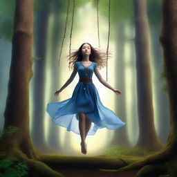 A high-definition 4K image capturing a richly detailed forest scene, with a girl suspended in mid-air at the center