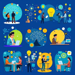 Ten vibrant and engaging illustrations depicting project neuro-management and the knowledge economy in business, showcasing various managerial perspectives