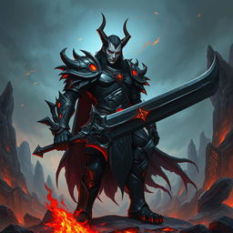 A fallen Aasimar male paladin standing imposingly in an otherworldly landscape, showcasing his striking pale skin that contrasts vividly with his hellish armor