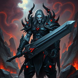 A fallen Aasimar male paladin standing imposingly in an otherworldly landscape, showcasing his striking pale skin that contrasts vividly with his hellish armor