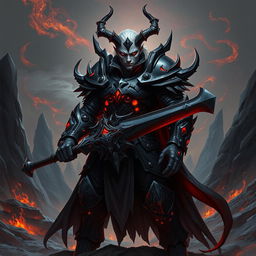 A fallen Aasimar male paladin standing imposingly in an otherworldly landscape, showcasing his striking pale skin that contrasts vividly with his hellish armor