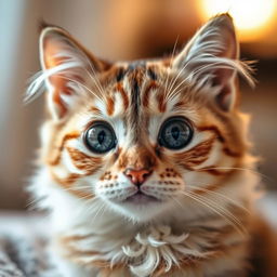 A close-up, artistic depiction of a cat, focusing on its beautiful and soft fur, showcasing the intricate patterns and colors, with large, expressive eyes that convey personality and charm