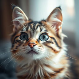 A close-up, artistic depiction of a cat, focusing on its beautiful and soft fur, showcasing the intricate patterns and colors, with large, expressive eyes that convey personality and charm