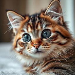 A close-up, artistic depiction of a cat, focusing on its beautiful and soft fur, showcasing the intricate patterns and colors, with large, expressive eyes that convey personality and charm