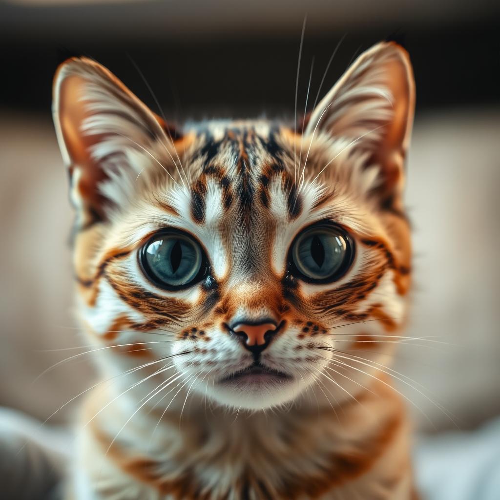 A close-up, artistic depiction of a cat, focusing on its beautiful and soft fur, showcasing the intricate patterns and colors, with large, expressive eyes that convey personality and charm