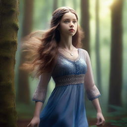 A high-definition 4K image capturing a richly detailed forest scene, with a girl suspended in mid-air at the center