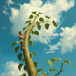 A towering bean plant stretches powerfully into a azure sky, painted in the classic style of Leonardo da Vinci