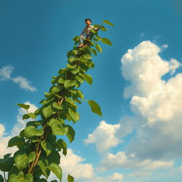 A towering bean plant stretches powerfully into a azure sky, painted in the classic style of Leonardo da Vinci
