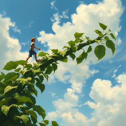 A towering bean plant stretches powerfully into a azure sky, painted in the classic style of Leonardo da Vinci