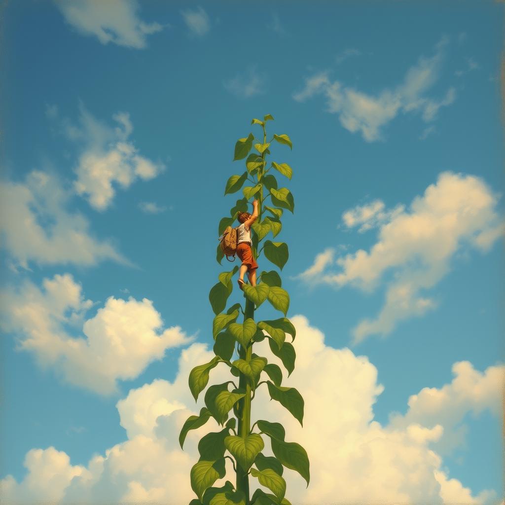 A towering bean plant stretches powerfully into a azure sky, painted in the classic style of Leonardo da Vinci