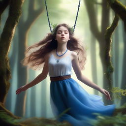 A high-definition 4K image capturing a richly detailed forest scene, with a girl suspended in mid-air at the center