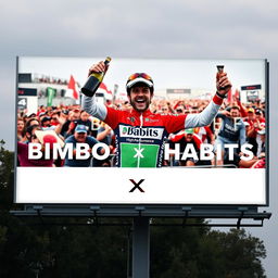 A captivating billboard image featuring Checo Pérez celebrating after a race victory