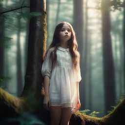 An ultra-high-definition 4K image depicting a girl floating in the middle of a dark, intricately detailed forest