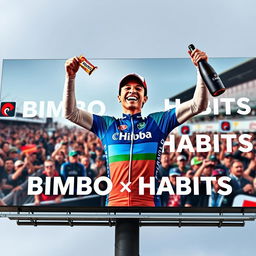 A captivating billboard image featuring Checo Pérez celebrating after a race victory