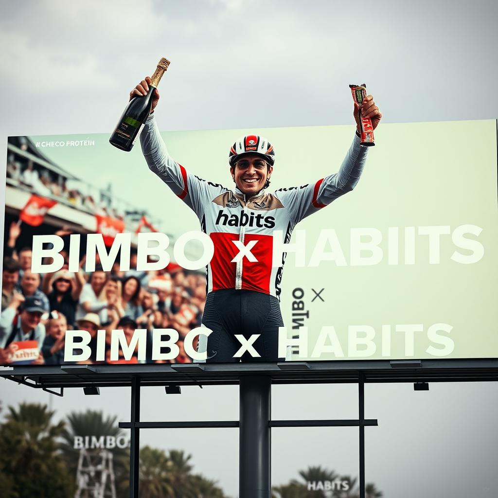A captivating billboard image featuring Checo Pérez celebrating after a race victory