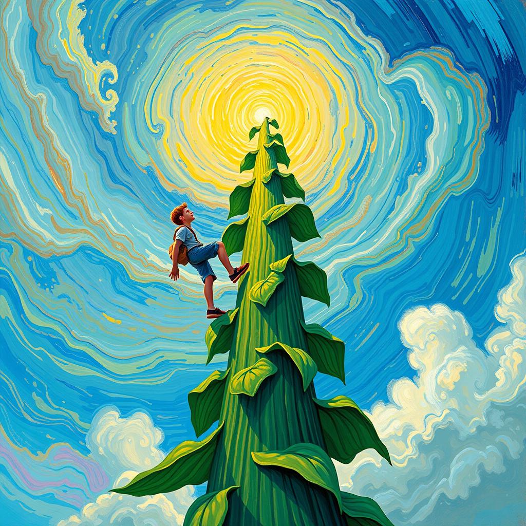 A strikingly tall bean plant stretches dramatically towards the sky, illustrated in the vibrant and expressive style of Vincent van Gogh