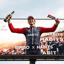 A captivating billboard image featuring Checo Pérez celebrating after a race victory