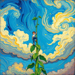A strikingly tall bean plant stretches dramatically towards the sky, illustrated in the vibrant and expressive style of Vincent van Gogh