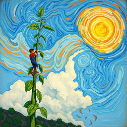 A strikingly tall bean plant stretches dramatically towards the sky, illustrated in the vibrant and expressive style of Vincent van Gogh