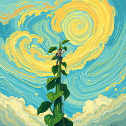 A strikingly tall bean plant stretches dramatically towards the sky, illustrated in the vibrant and expressive style of Vincent van Gogh