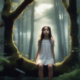 An ultra-high-definition 4K image depicting a girl floating in the middle of a dark, intricately detailed forest