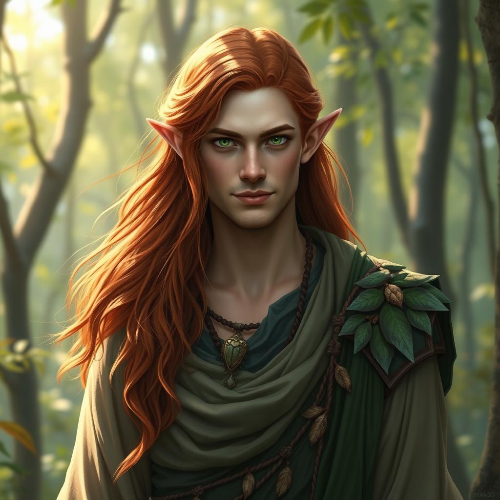 An artistic portrayal of a fantasy character, featuring a male elf appearing to be around 30 years old