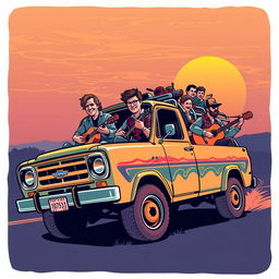 A retro pop culture themed graphic design featuring a sideways truck (basculante) filled with men playing guitars
