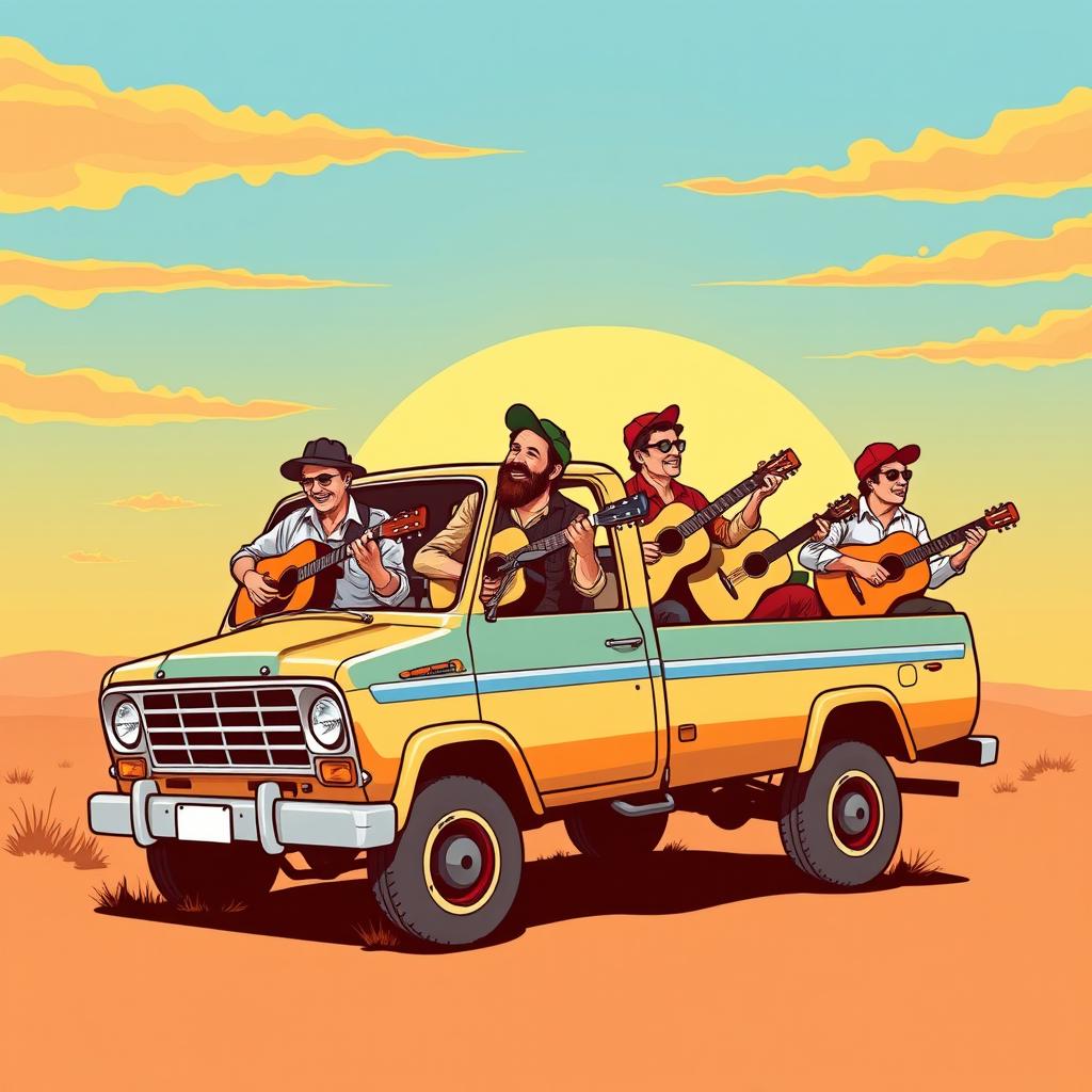 A retro pop culture themed graphic design featuring a sideways truck (basculante) filled with men playing guitars