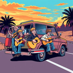 A retro pop culture themed graphic design featuring a sideways truck (basculante) filled with men playing guitars