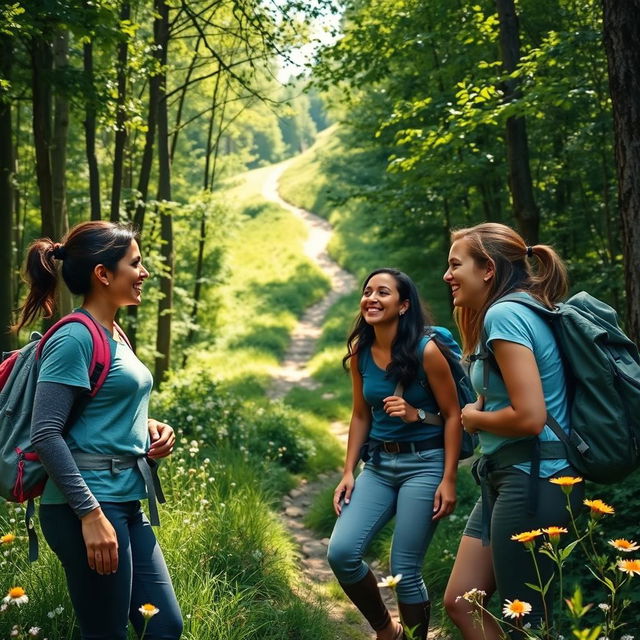 A vibrant scene of young women enjoying a picturesque hike through a lush forest
